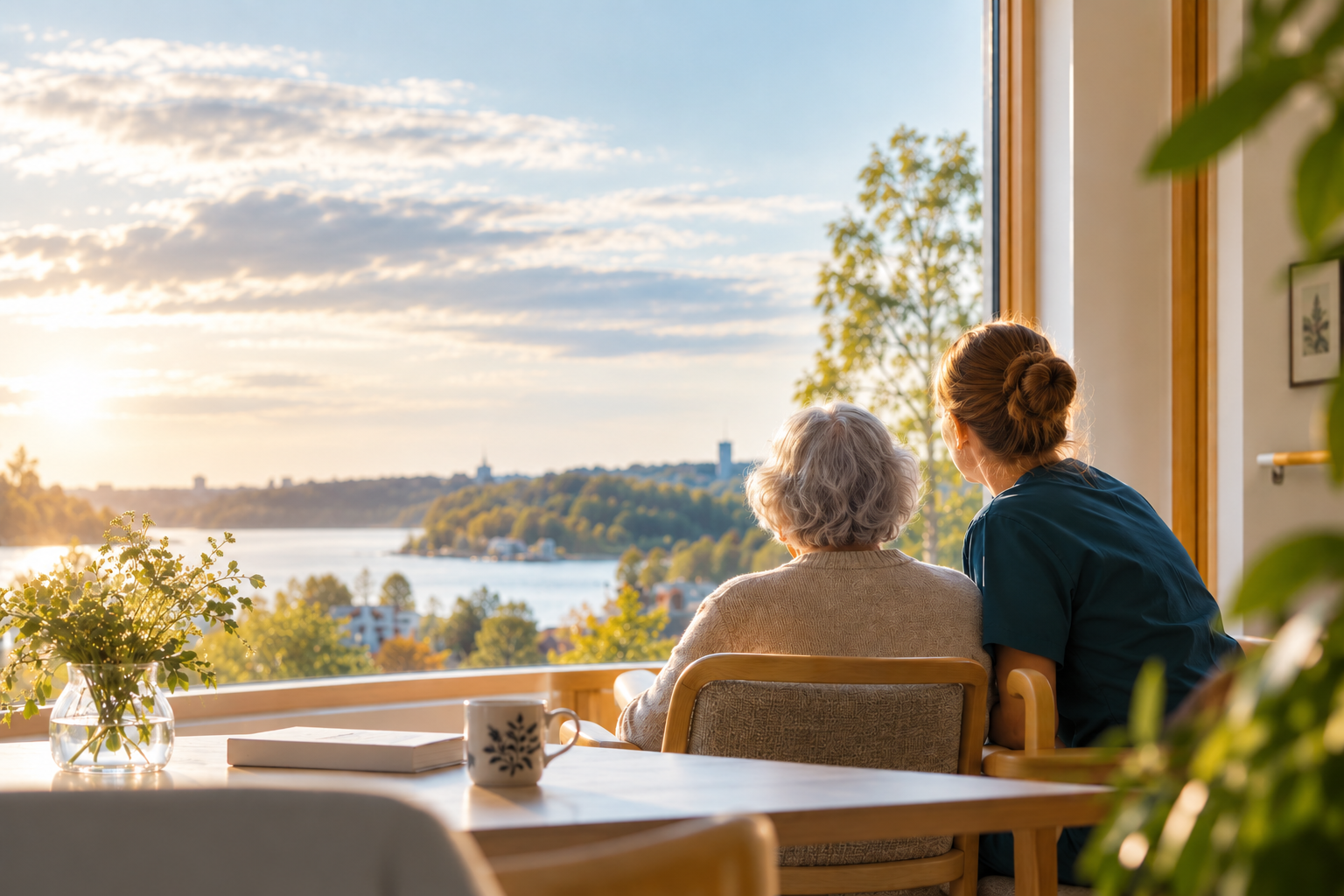 Older adult and care professional in a Nordic living environment
